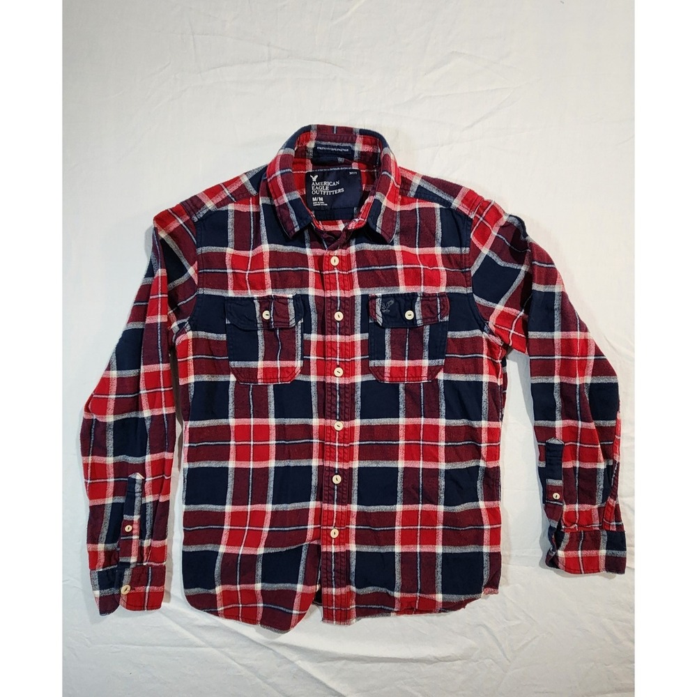 American Eagle Shirt Men's Medium Red Black Flannel Plaid Long Sleeve